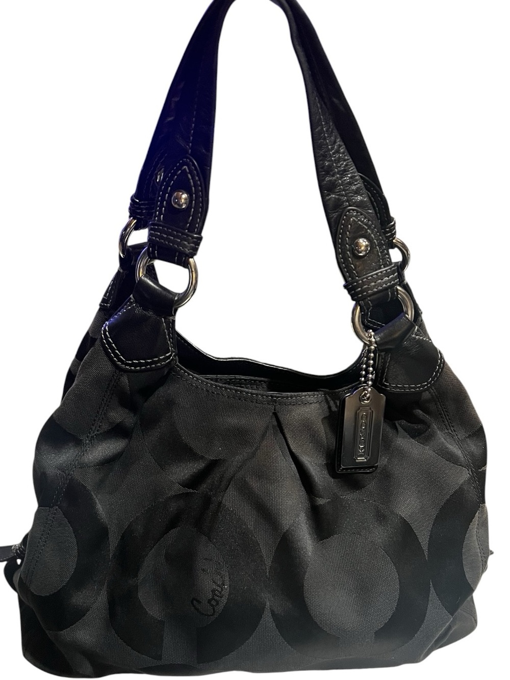 Coach black monogram hobo bag "C" pattern sateen fabric, signature Coach hangtag